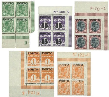 Danmark - Portomærker ubrugte i marginalblokke med 4 frimærker