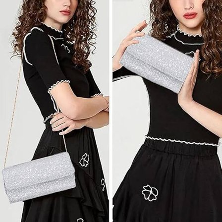 Naisten clutch-laukku, hopeinen clutch irrotettavalla ketjuolkahihnalla, tyylikäs paljetticlutch