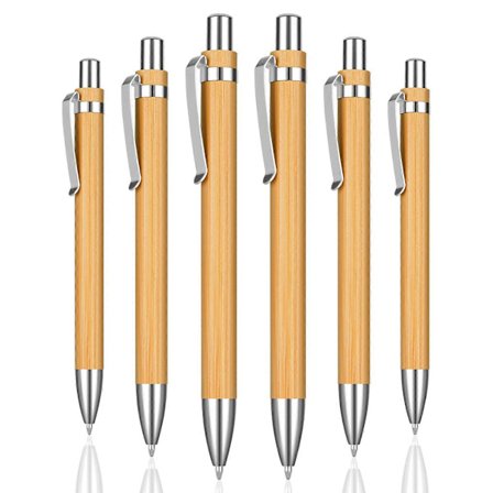 6 stk. kuglepenne, bambuspen, kuglepen med tryk, sort blæk, medium spids 1,0 mm, gavepenne