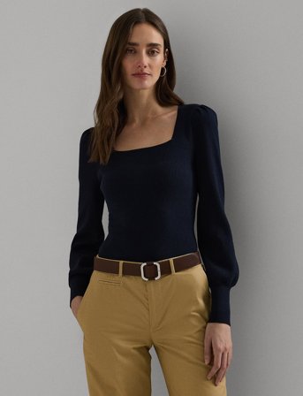 Lauren Ralph Lauren Rib-Knit Puff-Sleeve Sweater - Navy - M