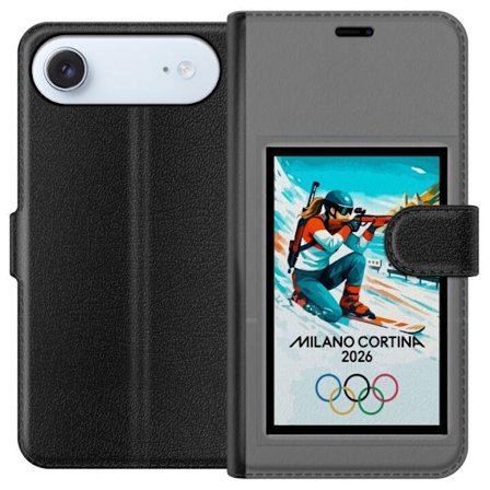 Yhteensopiva Lompakkokotelo Apple iPhone 17 Air Retrojuliste Cortina Milano 2026 vuorilla, talviurheilijoilla, italiankoloreilla, Milanon tuomiokirkol
