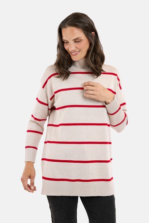 JENSEN - Langærmet Strik - Beige / Rød - Stribet