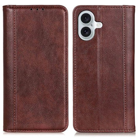 iPhone 16 Plus ægte læderetui med magnetisk lukning - Brun