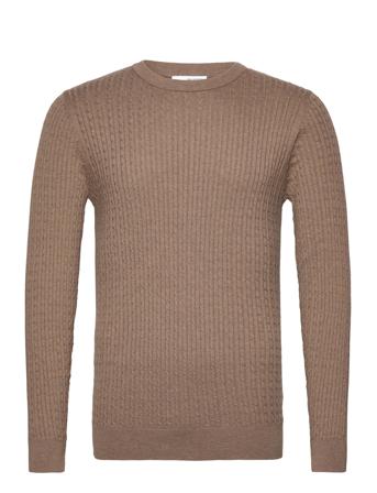 Slhberg Cable Crew Neck Noos Tops Knitwear Round Necks Brown Selected Homme