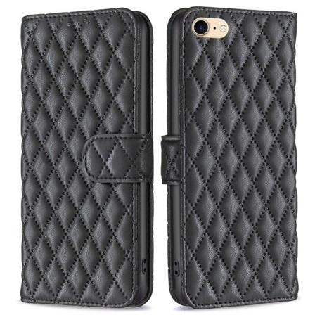 BINFEN COLOR iPhone 7 / 8 / SE (2020) / SE (2022) BF Style-14 Imprinted Rhombus Pattern Case Horizontal Stand Matte Vegansk Læder Wallet Cover - Sort 
