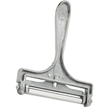 Ostehøvl med rulle og skæretråd, variabel skivetykkelse, rustfrit stål/aluminium, vintage design, roterende høvl, sølv