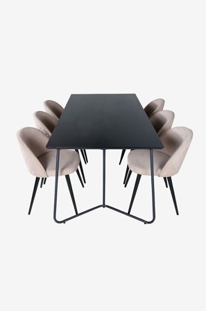 Venture Home - Ruokailuryhmä Petra ja ruokapöydän tuolit Velvet Stitches, 6 kpl - Musta - Ruokailuryhmä 6 hengelle - - Homeroom