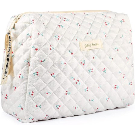 Hvit sminkepung med blomstermønster, stor toalettveske for reise for kvinner og jenter