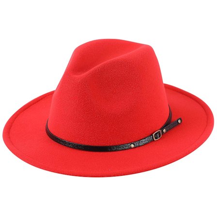 Womens Classic Wide Brim Floppy Panama Hat Belt Buckle Wool Fedora Hat(Rød)