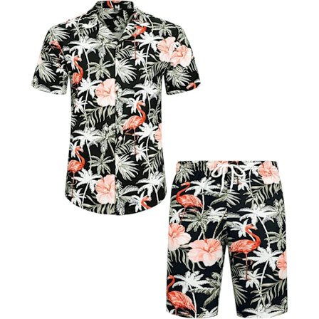 Hawaii-skjorta och shortsset för män, normal passform, kortärmad, avslappnad, funky strand Flamingoskjorta set XXL
