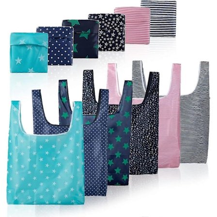 Pakke med 6 sammenleggbare handleposer, gjenbrukbare, miljøvennlige med vedlagt pose for shopping [DB]