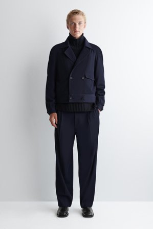 COS Men's Pleated Wool Blend Straight Leg Trousers in Blue