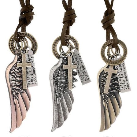 Retro Angel Wing Pendant Unisex Necklace for Men and Women with Adjustable Leather Strap - 3 Pcs