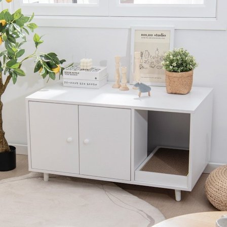 2 in 1 sivupöytä ja kissan kaappi raaputuslaudalla Kissanhiekkalaatikko 90 x 50 x 50 cm sohvapöytä valkoinen