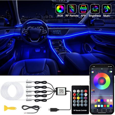 Interiør LED-strip-lys til bil med trådløs APP og fjernbetjening, RGB 5 i 1 Ambient Lighting Kit med 236 tommer fiberoptik