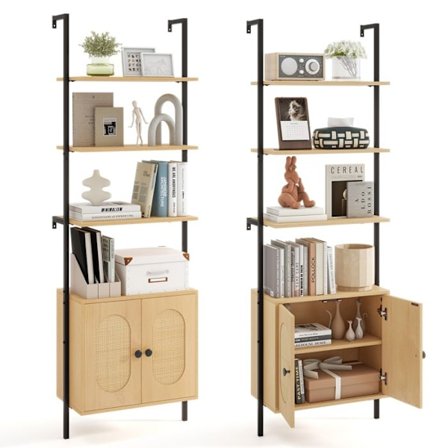 COSTWAY Bibliotek Reol med 6 Niveauer og Rattan Skab, Metalramme, Til Stue, Værelse, Kontor, 30x60x180cm