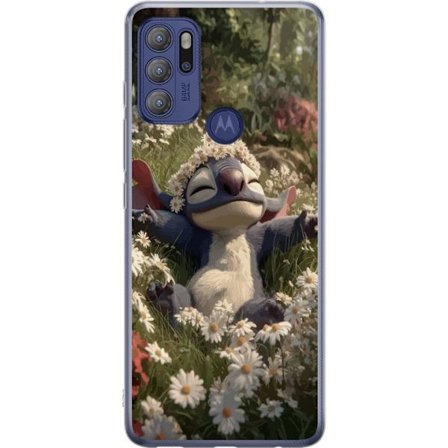 Kompatibelt Gjennomsiktig deksel til Motorola Moto G60S Blå søt fantasi skapning hvilende i blomstereng med blomsterkrans avslappet vårmotiv og var