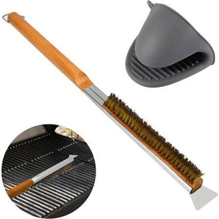 Pizzabørste, pizzastenrensebørste med skraber, BBQ grillrenseværktøj med træhåndtag, pizzastenbørste, ovntilbehør, rensebørste c