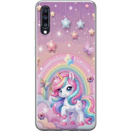 Kompatibel Mobilcover til Samsung Galaxy A70 Magisk enhjørning med regnbue manke, stjerner og sommerfugle mod en pastelfarvet himmel med skyer