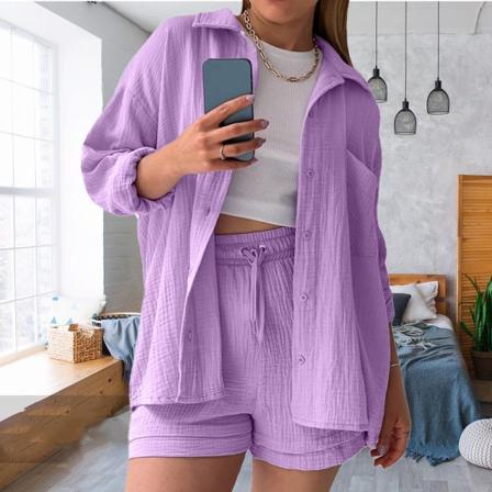 Dame Afslappet 2-delt Outfit Enkelt-breasted Frakke Højtaljet Snørebånd Korte Bukser Ren Farve Åndbar Outfit Lyselilla XL