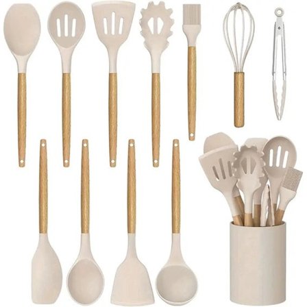 12-delt non-stick køkkenredskabssæt i silikone med træhåndtag | Ingen ridser, ingen BPA, non-stick og let at rengøre - Khakifarve