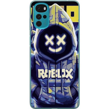 Kompatibelt Mobildeksel til Motorola Motorola Moto G22 Blågul Roblox hettegenserfigur med minimalistisk neonstil og masket ansikt, moderne spillillus