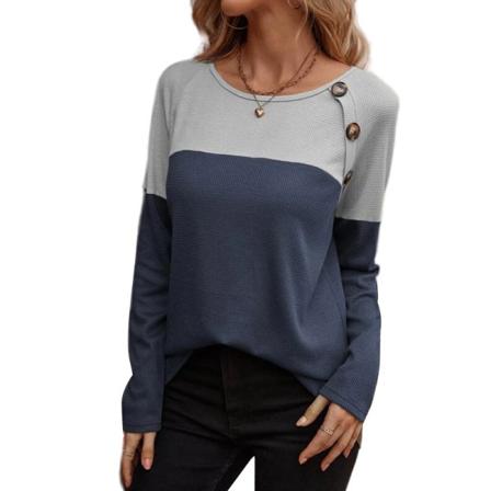 Kvinnor Långärmad Color Block Pullover Crew Neck Waffle T-shirt