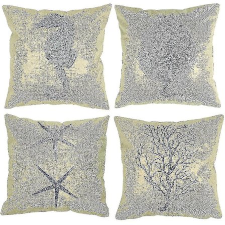 Sett med 4 Hav-inspirerte Puter i Lin - Sjøhest, Korall, Sjøstjerne, Alge - Blå 45 x 45 cm