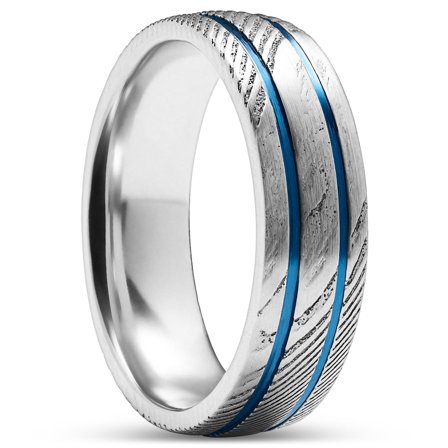Fortis | Bague en acier Damas et en titane bleu à double cannelure - 7 mm pour hommes - Bagues en acier