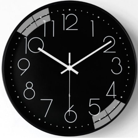 8-tommers moderne veggklokke, fasjonabel svart ramme, svart bakgrunn