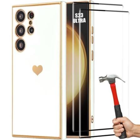 Fodral till Samsung Galaxy S23 Ultra Silicone White Heart Pattern + 2 härdat glas Stötsäkert Anti-Scratch