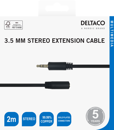 Deltaco Audio cable, 3.5mm, gold-plated, 2m, black