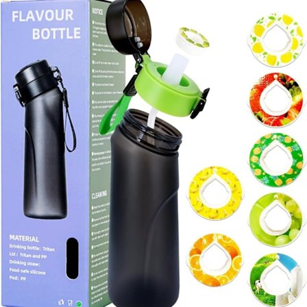 Ilmavesipullo, sisältää 7 makukapselia, 750 ml urheiluilmavesipullo, pillillä, tiivis juomapullo, hedelmän maku.