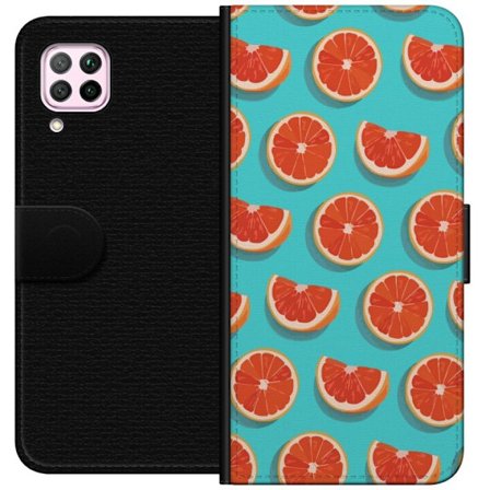 Kompatibelt Lommeboketui til Huawei P40 lite Illustrert mønster med gjentatte grapefrukt skiver mot en turkis bakgrunn