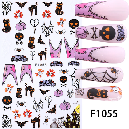 Halloween Nagel Klistermärken Svarta Katt Spöken Spindel Webbdesign Decals Holographic Själv-Adheiva Slider Manikyr Konst Och Dekoration F1055