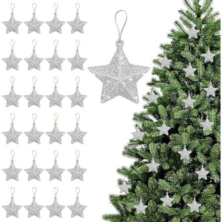 Julestjerne Trætoppe, 24 stk. Hængende Ornamenter, Juletræspynt, Egnet til Ophængning på Træer, Pejse, Vinduer (Sølv)