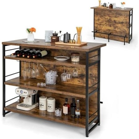 COSTWAY Industrial Center Island, 4 etagers barbord med 3 åbne hylder, vinreol og beslag, 120 x 60 x 101 cm