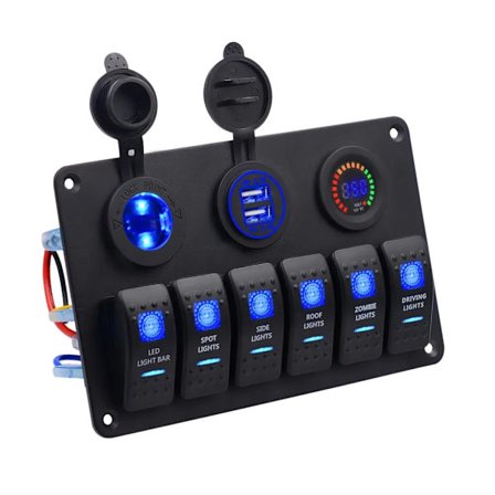 Dubbla USB-laddare Voltmeter 6-vägs brytarpanel LED-ljusramp för marint bruk