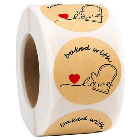 500 naturlige kraftpapir runde klistermærker med rødt hjerte i bagehandsker 1 tomme klæbe etiket (1 rulle, Kraft bagt med kærlighed)