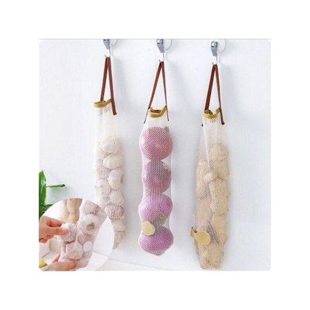 3-delad multifunktionell hängande frukt- och grönsaksförvaringsnätpåse för vitlök och lök