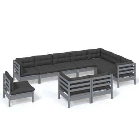 Vidaxl Loungegrupp Med Dynor 10 Delar Grå Massiv Furu Grå