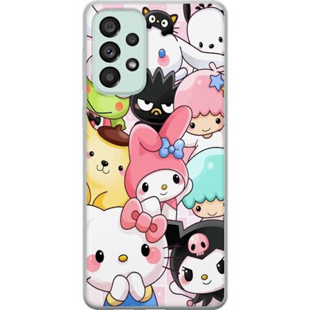 Kompatibelt Mobildeksel til Samsung Galaxy A73 5G Tett mønster av søte figurer med store øyne i ulike farger og uttrykk med LABUBU-tekst