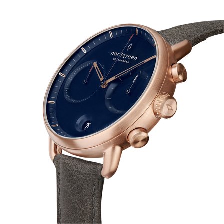 Nordgreen Men's Minimalistist Large Wrist Watch Watch - Rose Gold Case - Navy Dial - Patina Grey Leather Watch Strap Pioneer White Dial Chronograph