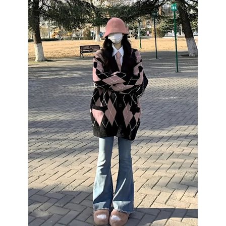 Argyle-mönstrad stickad kofta med knappar framtill, vintage V-ringad tröja med långa ärmar, damkläder