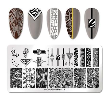Nail Animal Image Stämpelplattor - Stripe Grid Mixed Pattern Stencil Flower 113