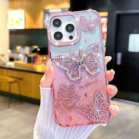 Deksel til iPhone 17 Pro Max Rhinestone Sommerfugl Glitter Rosa Elektroplettert 3D Sommerfugl Diamant Gradient Glitter Papir