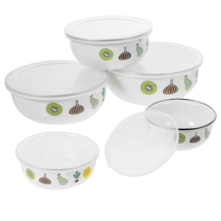 5 stk. Emaljeskåle Madserveringsskåle Friskholdningsbeholdere Emaljeopbevaringsskåle