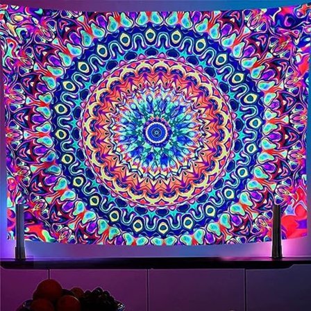 2-pak 150x130cm Sortlys Vægtæppe med Farverige Mandalaer Kalejdoskopisk Trippy Rumindretning Sortlys Plakat Hippie Vægtæppe B