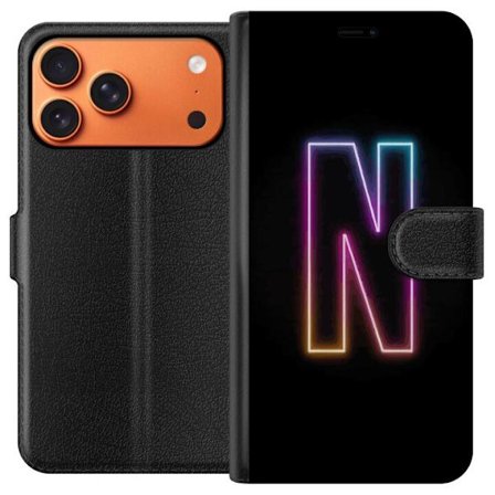 Kompatibel Tegnebogsetui til Apple Apple iPhone 17 Pro Max Minimalistisk neonbogstav N i farveskiftende lys mod sort baggrund