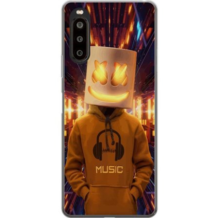 Yhteensopiva Puhelinkuori Sony Sony Xperia 10 II DJ-hahmo valaisevassa kypärässä ja hupparissa futuristisessa musiikkiympäristössä neonvalojen k